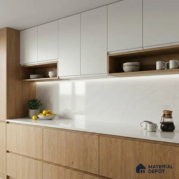 Belina Quartz QR 00093 Ivory Cascade Regalia Series 11.42 ft x 6.58 ft Quartz - 20 mm | 10 Years Warranty | Suitable for Kitchen, Restaurant, Counter Tops, Dining, Reception, office