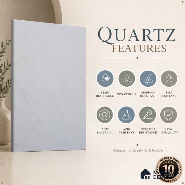 Belina Quartz QR 00093 Ivory Cascade Regalia Series 11.42 ft x 6.58 ft Quartz - 20 mm | 10 Years Warranty | Suitable for Kitchen, Restaurant, Counter Tops, Dining, Reception, office