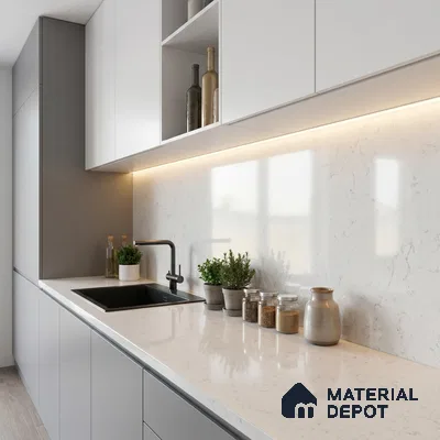 Belina Quartz QR 00096 Clouded Carrara Regalia Series 11.42 ft x 6.58 ft Quartz - 20 mm | 10 Years Warranty | Suitable for Kitchen, Restaurant, Counter Tops, Dining, Reception, office