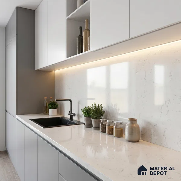 Belina Quartz QR 00096 Clouded Carrara Regalia Series 11.42 ft x 6.58 ft Quartz - 20 mm | 10 Years Warranty | Suitable for Kitchen, Restaurant, Counter Tops, Dining, Reception, office