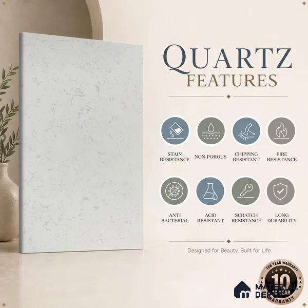 Belina Quartz QR 00096 Clouded Carrara Regalia Series 11.42 ft x 6.58 ft Quartz - 20 mm | 10 Years Warranty | Suitable for Kitchen, Restaurant, Counter Tops, Dining, Reception, office