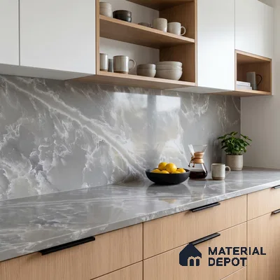 Belina Quartz QR 00097 Mist Veil Onyx Regalia Series 11.42 ft x 6.58 ft Quartz - 20 mm | 10 Years Warranty | Suitable for Kitchen, Restaurant, Counter Tops, Dining, Reception, office