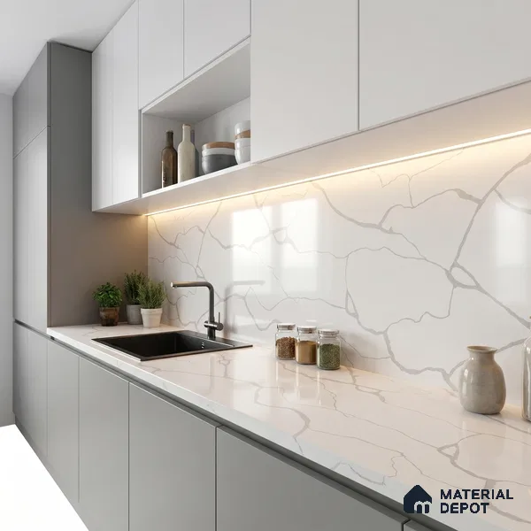 Belina Quartz QR 00153 Serene Calacatta Viola Series 10.76 ft x 5.41 ft Quartz - 20 mm | 7 Years Warranty | Suitable for Kitchen, Restaurant, Counter Tops, Dining, Reception, office