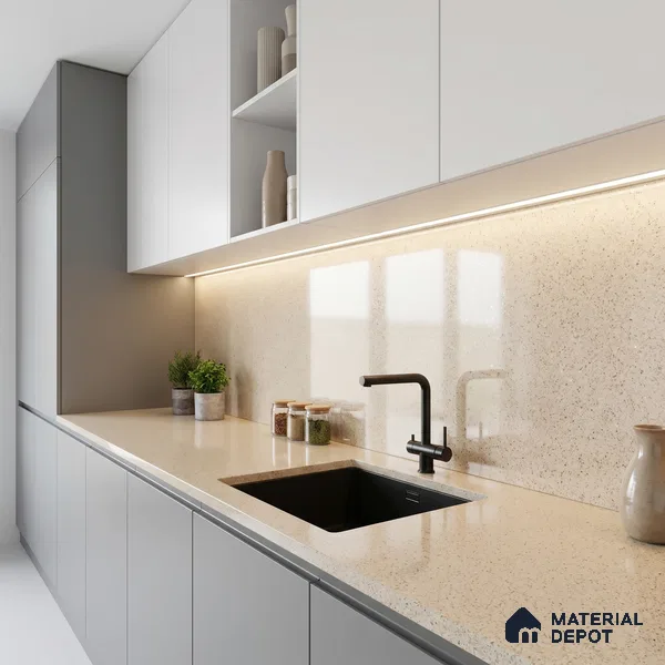 Belina Quartz QR 00162 Sienna Terrazzo Value Series 10.5 ft x 5.25 ft Quartz - 20 mm | 5 Years Warranty | Suitable for Kitchen, Restaurant, Counter Tops, Dining, Reception, office