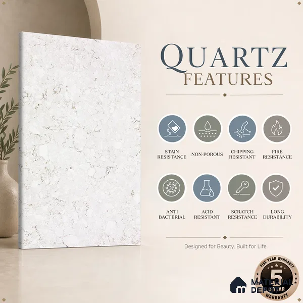 Belina Quartz QR 00171 Ivory Cascade Value Series 10.5 ft x 5.25 ft Quartz - 20 mm | 5 Years Warranty | Suitable for Kitchen, Restaurant, Counter Tops, Dining, Reception, office
