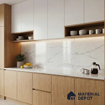 Belina Quartz QR 00180 Silver Cascade Value Series 10.5 ft x 5.25 ft Quartz - 20 mm | 5 Years Warranty | Suitable for Kitchen, Restaurant, Counter Tops, Dining, Reception, office