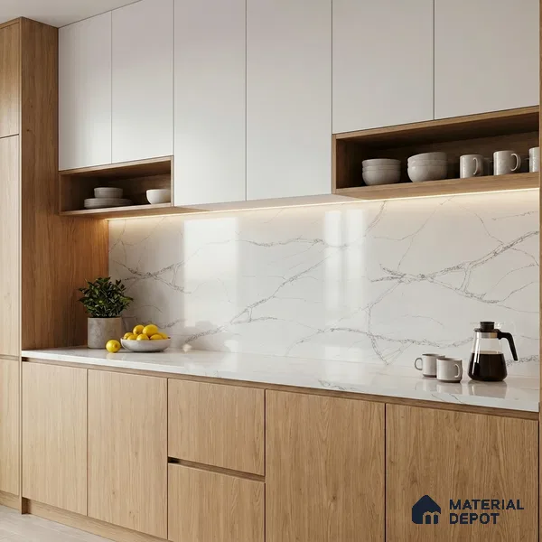 Belina Quartz QR 00180 Silver Cascade Value Series 10.5 ft x 5.25 ft Quartz - 20 mm | 5 Years Warranty | Suitable for Kitchen, Restaurant, Counter Tops, Dining, Reception, office