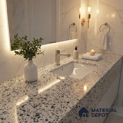 Belina Quartz QR 00182 Urban Terrazzo Value Series 10.6 ft x 5.38 ft Quartz - 20 mm | 5 Years Warranty | Suitable for Kitchen, Restaurant, Counter Tops, Dining, Reception, office