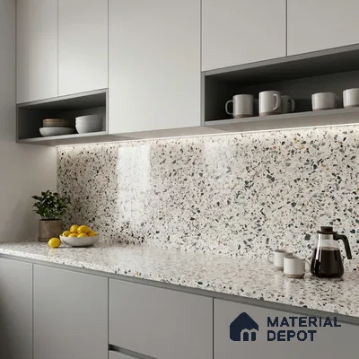 Belina Quartz QR 00182 Urban Terrazzo Value Series 10.6 ft x 5.38 ft Quartz - 20 mm | 5 Years Warranty | Suitable for Kitchen, Restaurant, Counter Tops, Dining, Reception, office