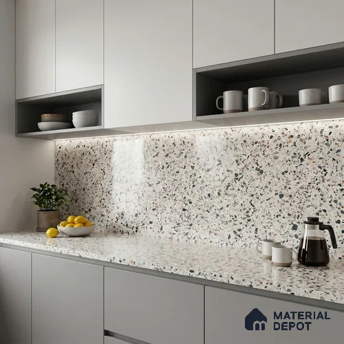 Belina Quartz QR 00182 Urban Terrazzo Value Series 10.6 ft x 5.38 ft Quartz - 20 mm | 5 Years Warranty | Suitable for Kitchen, Restaurant, Counter Tops, Dining, Reception, office