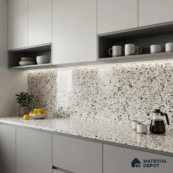 Belina Quartz QR 00182 Urban Terrazzo Value Series 10.6 ft x 5.38 ft Quartz - 20 mm | 5 Years Warranty | Suitable for Kitchen, Restaurant, Counter Tops, Dining, Reception, office
