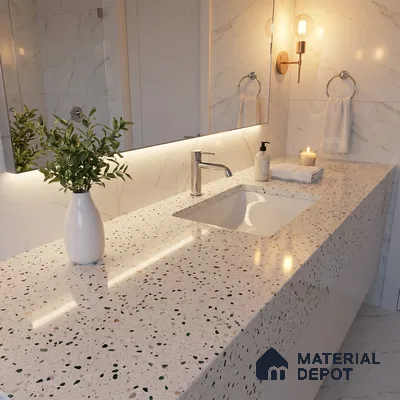 Belina Quartz QR 00185 Verde Terrazzo Series 10.6 ft x 5.31 ft Quartz - 20 mm | 5 Years Warranty | Suitable for Kitchen, Restaurant, Counter Tops, Dining, Reception, office