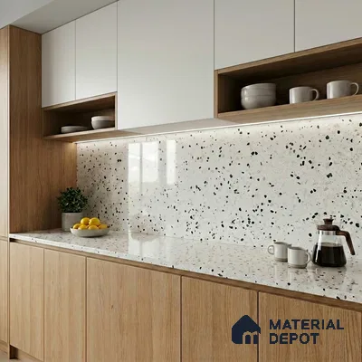 Belina Quartz QR 00185 Verde Terrazzo Series 10.6 ft x 5.31 ft Quartz - 20 mm | 5 Years Warranty | Suitable for Kitchen, Restaurant, Counter Tops, Dining, Reception, office