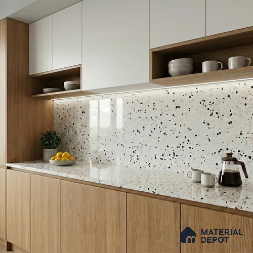Belina Quartz QR 00185 Verde Terrazzo Series 10.6 ft x 5.31 ft Quartz - 20 mm | 5 Years Warranty | Suitable for Kitchen, Restaurant, Counter Tops, Dining, Reception, office
