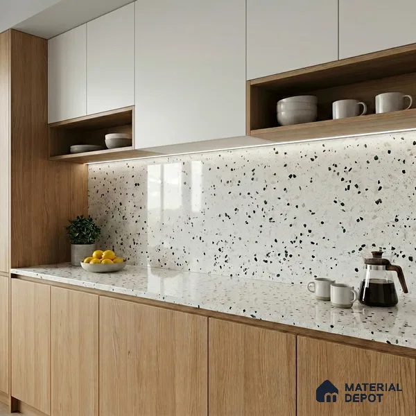 Belina Quartz QR 00185 Verde Terrazzo Series 10.6 ft x 5.31 ft Quartz - 20 mm | 5 Years Warranty | Suitable for Kitchen, Restaurant, Counter Tops, Dining, Reception, office