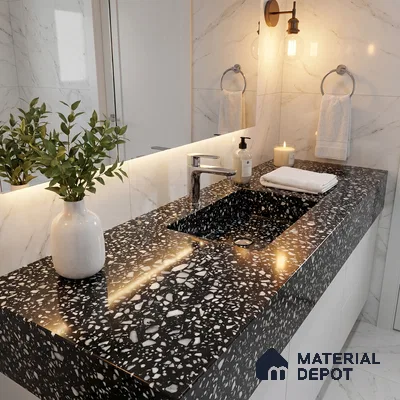 Belina Quartz QR 00186 Noir Terrazzo Value Series 8.01 ft x 5.38 ft Quartz - 20 mm | 5 Years Warranty | Suitable for Kitchen, Restaurant, Counter Tops, Dining, Reception, office