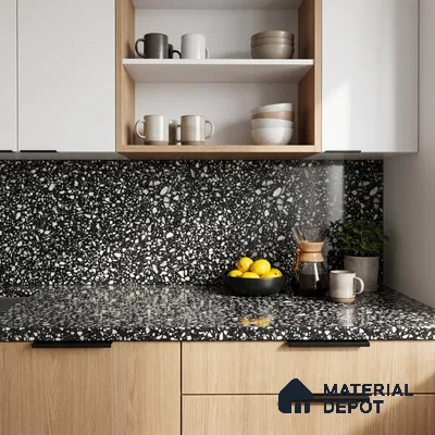 Belina Quartz QR 00186 Noir Terrazzo Value Series 8.01 ft x 5.38 ft Quartz - 20 mm | 5 Years Warranty | Suitable for Kitchen, Restaurant, Counter Tops, Dining, Reception, office