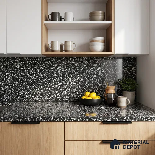 Belina Quartz QR 00186 Noir Terrazzo Value Series 8.01 ft x 5.38 ft Quartz - 20 mm | 5 Years Warranty | Suitable for Kitchen, Restaurant, Counter Tops, Dining, Reception, office