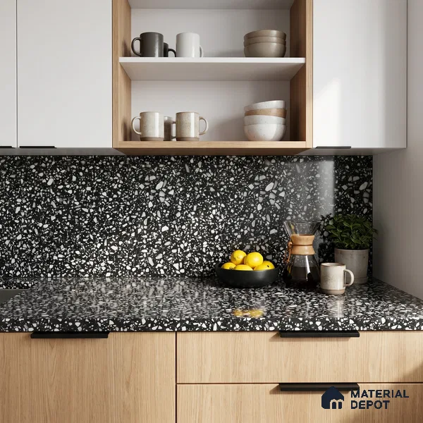 Belina Quartz QR 00186 Noir Terrazzo Value Series 8.01 ft x 5.38 ft Quartz - 20 mm | 5 Years Warranty | Suitable for Kitchen, Restaurant, Counter Tops, Dining, Reception, office