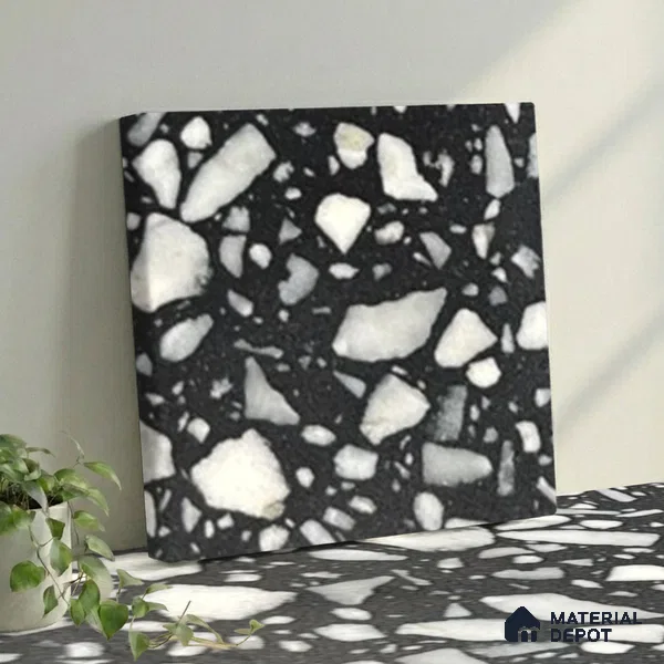 Belina Quartz QR 00186 Noir Terrazzo Value Series 8.01 ft x 5.38 ft Quartz - 20 mm | 5 Years Warranty | Suitable for Kitchen, Restaurant, Counter Tops, Dining, Reception, office