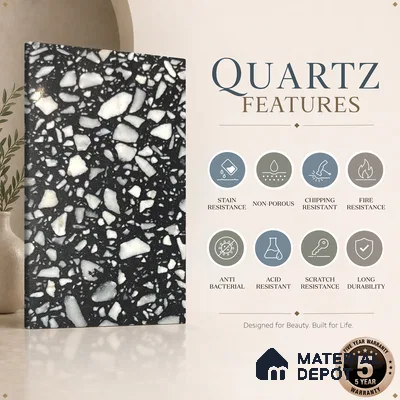 Belina Quartz QR 00186 Noir Terrazzo Value Series 8.01 ft x 5.38 ft Quartz - 20 mm | 5 Years Warranty | Suitable for Kitchen, Restaurant, Counter Tops, Dining, Reception, office