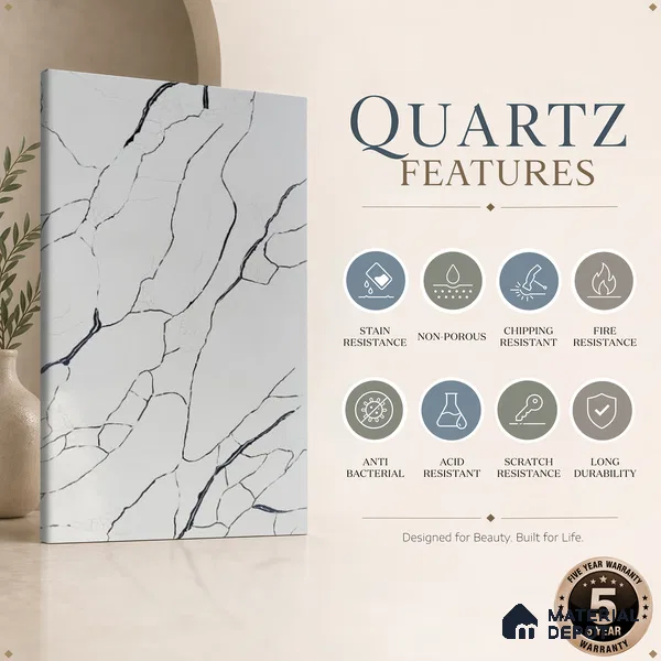 Belina Quartz QR 00188 Noir Cascade Value Series 10.5 ft x 5.25 ft Quartz - 20 mm | 5 Years Warranty | Suitable for Kitchen, Restaurant, Counter Tops, Dining, Reception, office