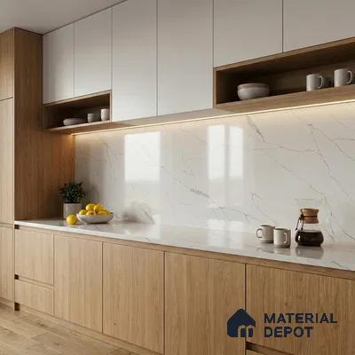 Belina Quartz QR 00189 Silver Cascade Value Series 10.5 ft x 5.25 ft Quartz - 20 mm | 5 Years Warranty | Suitable for Kitchen, Restaurant, Counter Tops, Dining, Reception, office