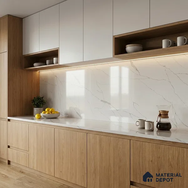 Belina Quartz QR 00189 Silver Cascade Value Series 10.5 ft x 5.25 ft Quartz - 20 mm | 5 Years Warranty | Suitable for Kitchen, Restaurant, Counter Tops, Dining, Reception, office