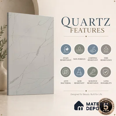 Belina Quartz QR 00189 Silver Cascade Value Series 10.5 ft x 5.25 ft Quartz - 20 mm | 5 Years Warranty | Suitable for Kitchen, Restaurant, Counter Tops, Dining, Reception, office