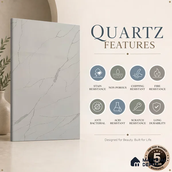 Belina Quartz QR 00189 Silver Cascade Value Series 10.5 ft x 5.25 ft Quartz - 20 mm | 5 Years Warranty | Suitable for Kitchen, Restaurant, Counter Tops, Dining, Reception, office