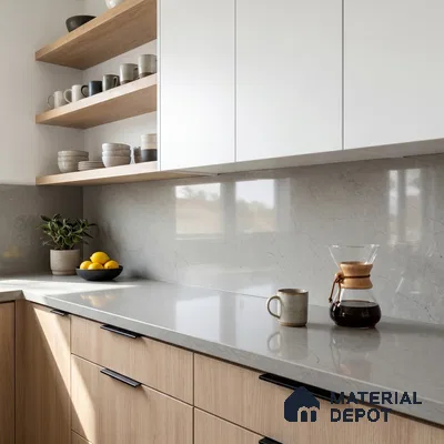 Belina Quartz QR 00191 Silver Whisper Value Series 10.5 ft x 5.25 ft Quartz - 20 mm | 5 Years Warranty | Suitable for Kitchen, Restaurant, Counter Tops, Dining, Reception, office