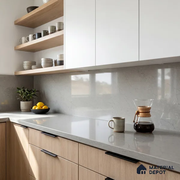 Belina Quartz QR 00191 Silver Whisper Value Series 10.5 ft x 5.25 ft Quartz - 20 mm | 5 Years Warranty | Suitable for Kitchen, Restaurant, Counter Tops, Dining, Reception, office