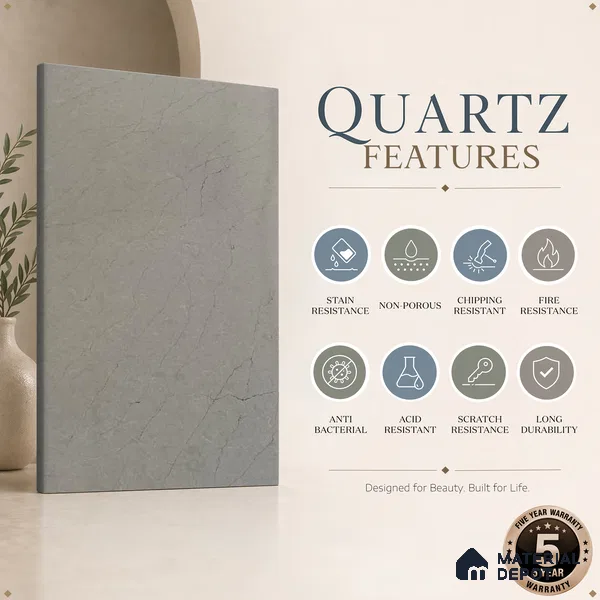 Belina Quartz QR 00191 Silver Whisper Value Series 10.5 ft x 5.25 ft Quartz - 20 mm | 5 Years Warranty | Suitable for Kitchen, Restaurant, Counter Tops, Dining, Reception, office
