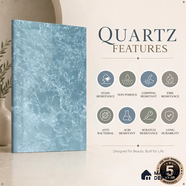 Belina Quartz QR 00193 Azure Cascade Value Series 10.56 ft x 5.31 ft Quartz - 20 mm | 5 Years Warranty | Suitable for Kitchen, Restaurant, Counter Tops, Dining, Reception, office