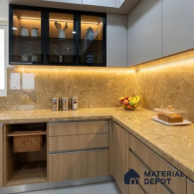 Belina Quartz QR 00196 Golden Sienna Value Series 10.56 ft x 5.31 ft Quartz - 20 mm | 5 Years Warranty | Suitable for Kitchen, Restaurant, Counter Tops, Dining, Reception, office