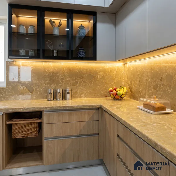 Belina Quartz QR 00196 Golden Sienna Value Series 10.56 ft x 5.31 ft Quartz - 20 mm | 5 Years Warranty | Suitable for Kitchen, Restaurant, Counter Tops, Dining, Reception, office