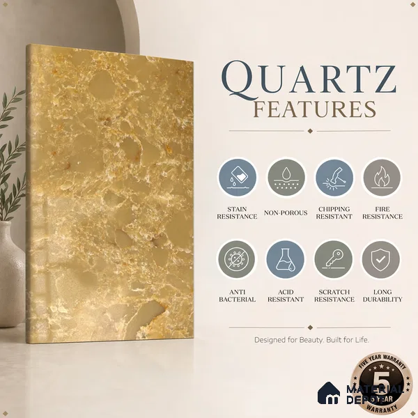 Belina Quartz QR 00196 Golden Sienna Value Series 10.56 ft x 5.31 ft Quartz - 20 mm | 5 Years Warranty | Suitable for Kitchen, Restaurant, Counter Tops, Dining, Reception, office