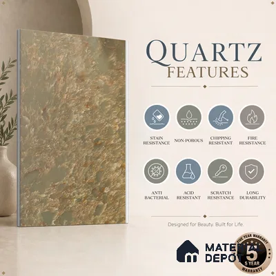 Belina Quartz QR 00197 B Verdant Ember Value Series 10.56 ft x 5.31 ft Quartz - 20 mm | 5 Years Warranty | Suitable for Kitchen, Restaurant, Counter Tops, Dining, Reception, office