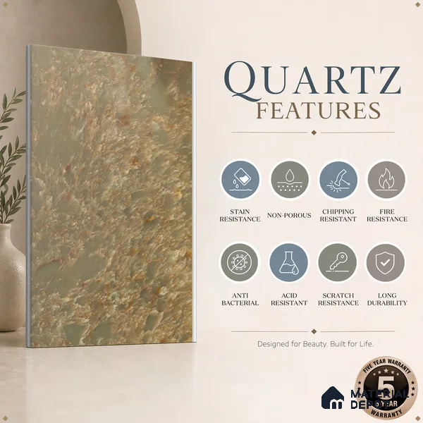 Belina Quartz QR 00197 B Verdant Ember Value Series 10.56 ft x 5.31 ft Quartz - 20 mm | 5 Years Warranty | Suitable for Kitchen, Restaurant, Counter Tops, Dining, Reception, office