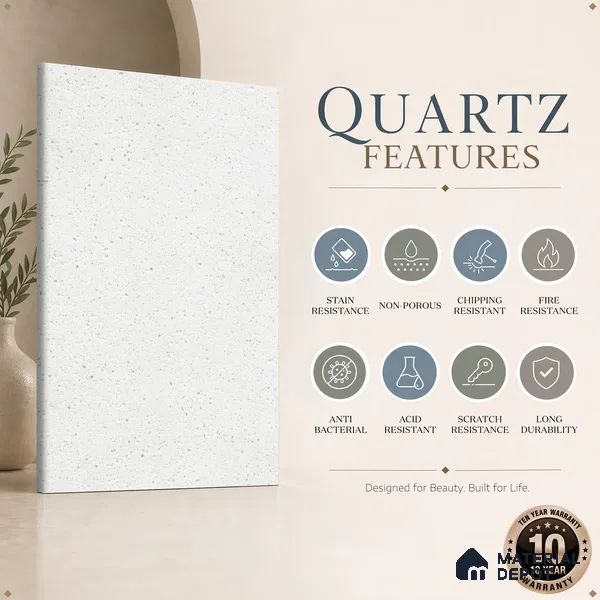 Belina Quartz QR 00207 Frosted Pearl Helsinki Series 11.5 ft x 6.5 ft Quartz - 20 mm | 10 Years of Replacement Warranty | Suitable for Kitchen, Restaurant, Counter Tops, Dining, Reception, office