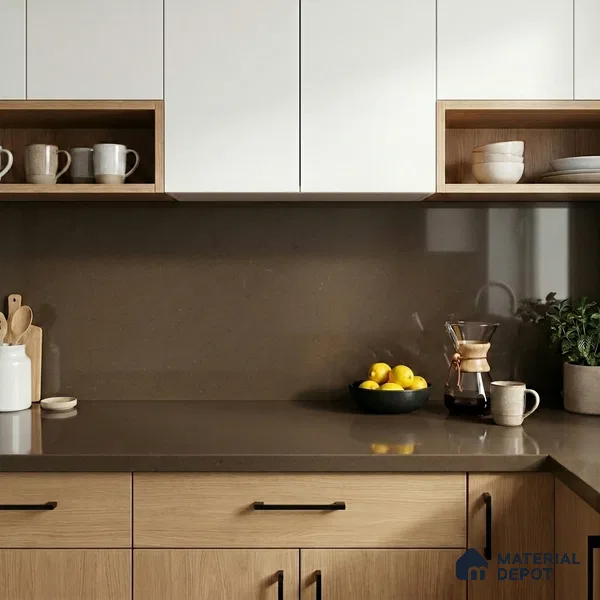 Belina Quartz QR 00213 Mocha Satin Helsinki Series 11.5 ft x 6.5 ft Quartz - 20 mm | 10 Years of Replacement Warranty | Suitable for Kitchen, Restaurant, Counter Tops, Dining, Reception, office
