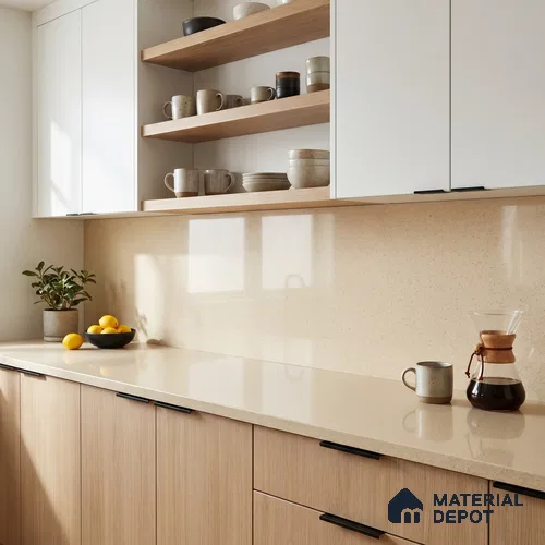 Belina Quartz QR 00218 Sable Mist Helsinki Series 11.5 ft x 6.5 ft Quartz - 20 mm | 10 Years of Replacement Warranty | Suitable for Kitchen, Restaurant, Counter Tops, Dining, Reception, office