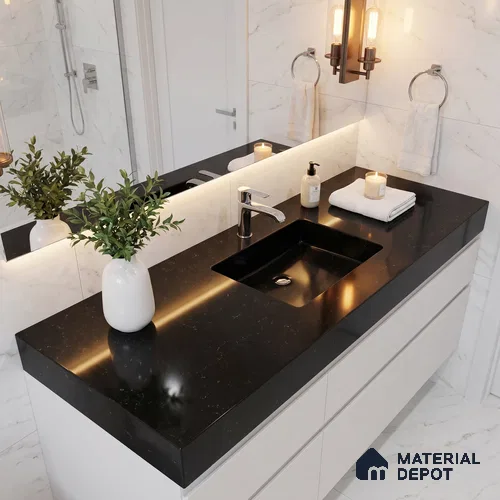 Belina Quartz QR 00219 Noir Velvet Helsinki Series 11.5 ft x 6.5 ft Quartz - 20 mm | 10 Years of Replacement Warranty | Suitable for Kitchen, Restaurant, Counter Tops, Dining, Reception, office