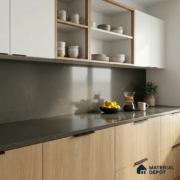 Belina Quartz QR 00220 C Obsidian Veil Helsinki Series 11.5 ft x 3.25 ft Quartz - 20 mm | 10 Years of Replacement Warranty | Suitable for Kitchen, Restaurant, Counter Tops, Dining, Reception, office