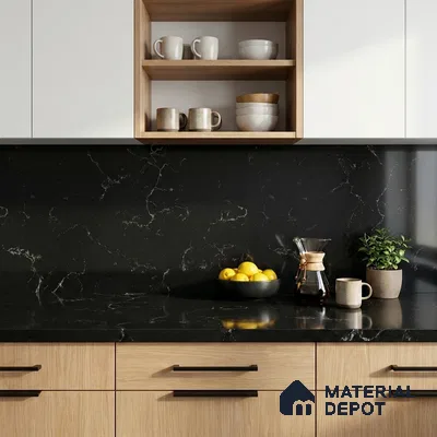 Belina Quartz QR 00221 Noir Cascade Helsinki Series 11.5 ft x 6.5 ft Quartz - 20 mm | 10 Years of Replacement Warranty | Suitable for Kitchen, Restaurant, Counter Tops, Dining, Reception, office