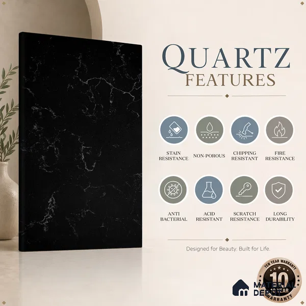 Belina Quartz QR 00221 Noir Cascade Helsinki Series 11.5 ft x 6.5 ft Quartz - 20 mm | 10 Years of Replacement Warranty | Suitable for Kitchen, Restaurant, Counter Tops, Dining, Reception, office