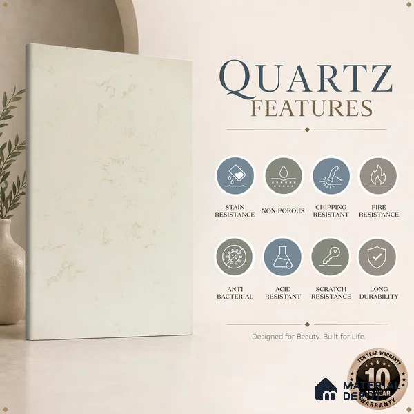 Belina Quartz QR 00226 Ivory Whisper Helsinki Series 11.5 ft x 6.5 ft Quartz - 20 mm | 10 Years of Replacement Warranty | Suitable for Kitchen, Restaurant, Counter Tops, Dining, Reception, office