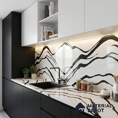 Belina Quartz QR 00237 Noir Cascade Helsinki Series 11.5 ft x 6.5 ft Quartz - 20 mm | 10 Years of Replacement Warranty | Suitable for Kitchen, Restaurant, Counter Tops, Dining, Reception, office