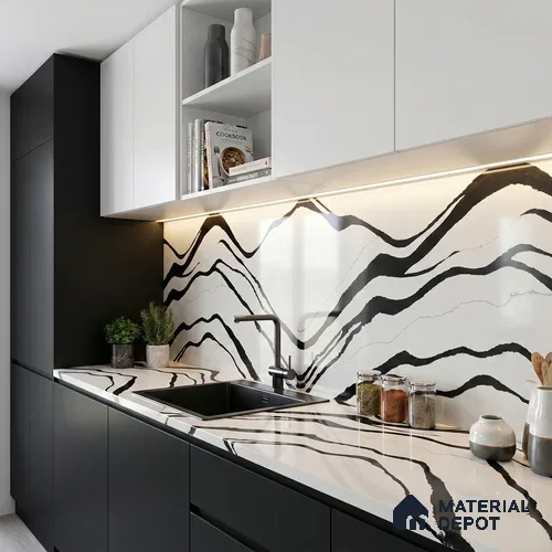 Belina Quartz QR 00237 Noir Cascade Helsinki Series 11.5 ft x 6.5 ft Quartz - 20 mm | 10 Years of Replacement Warranty | Suitable for Kitchen, Restaurant, Counter Tops, Dining, Reception, office