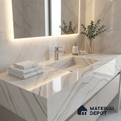 Belina Quartz QR 00238 Ivory Cascade Helsinki Series 11.5 ft x 6.5 ft Quartz - 20 mm | 10 Years of Replacement Warranty | Suitable for Kitchen, Restaurant, Counter Tops, Dining, Reception, office